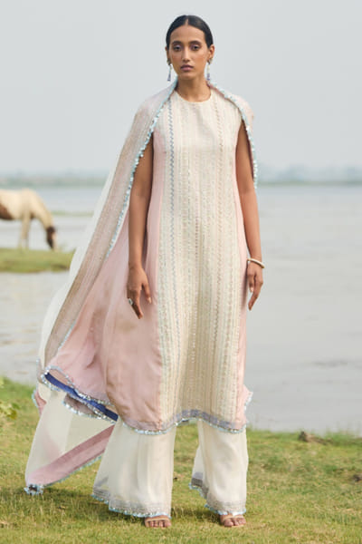 Karishma Khanduja White and pink embroidered anarkali set KAROCT25D135608