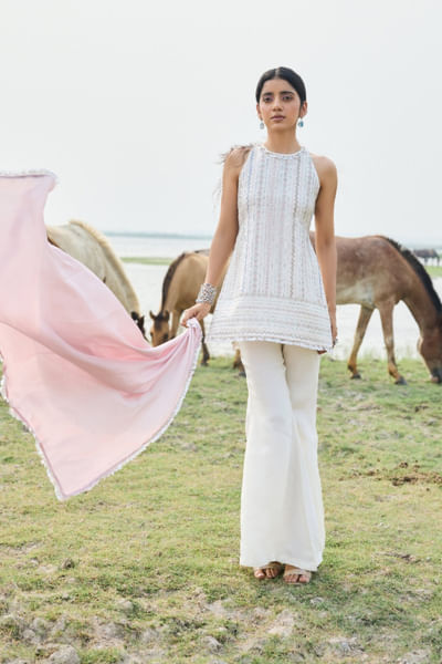 White and pink embroidered short kurta set