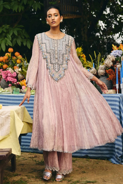 Pink and grey zari embroidered anarkali set