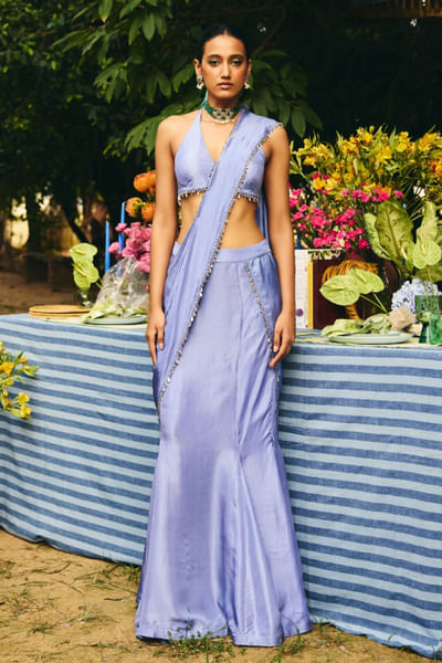 Sapphire blue zari embroidered drape sari set