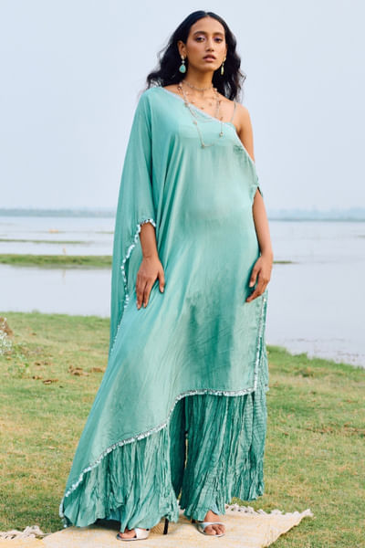 Irish green embroidered cape sharara set