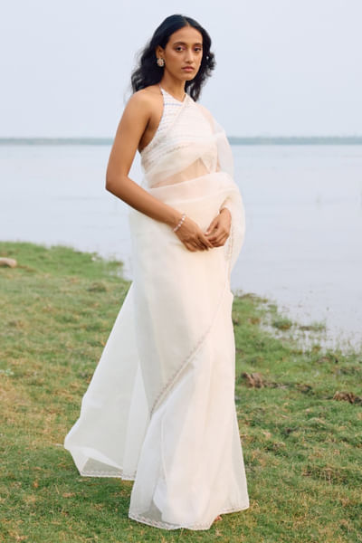 Off-white sequin embroidered sari set