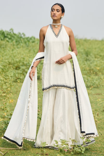 Black and white thread embroidered gharara set