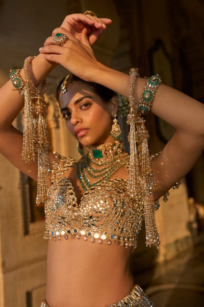 Seema Gujral Gold pearl encrusted kalira set SEEAPR26D141554