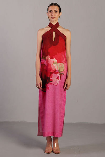 Fuchsia pink painterly printed halter dress