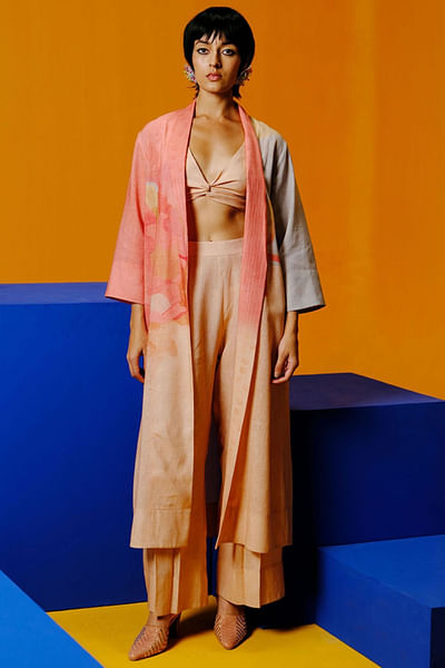 Peach and grey painterly printed jacket set