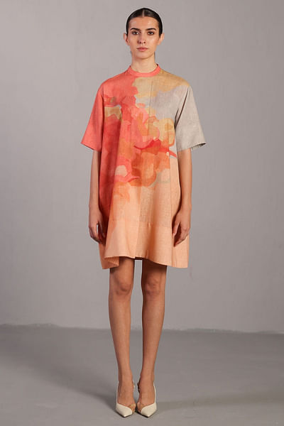 Peach and grey painterly printed short dress