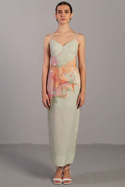 Soft pink pastel green painterly print dress