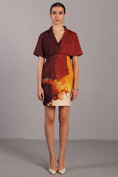 Brown and ochre painterly printed dress jacket