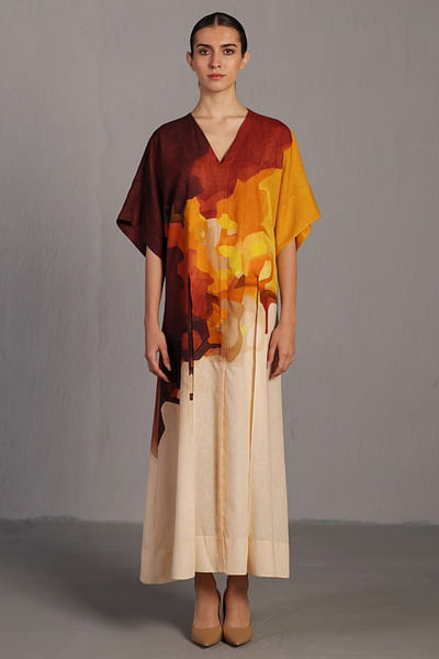 Brown and ochre painterly print pleated dress