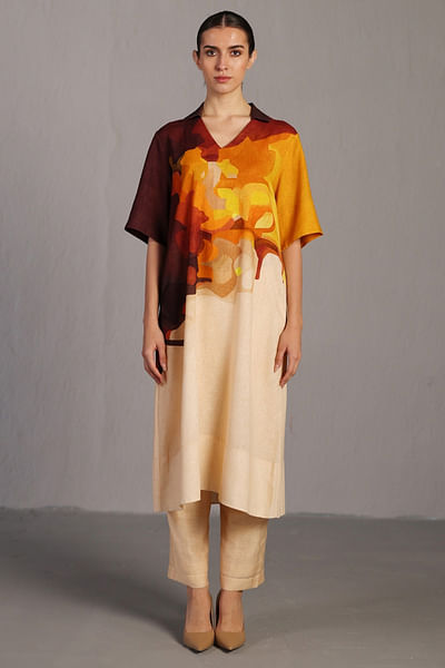 Brown and ochre painterly printed kurta set
