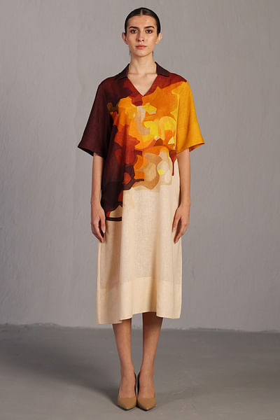 Brown and ochre painterly printed dress