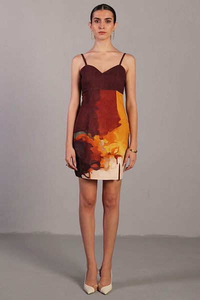 Brown and ochre painterly printed short dress