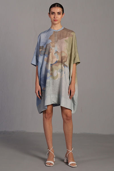 Pastel blue and green painterly print dress
