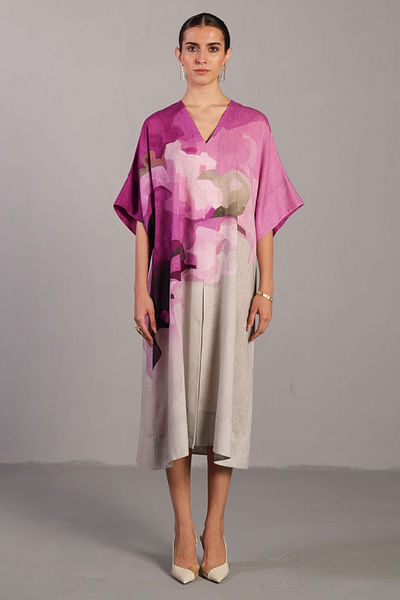 Beetroot and light grey painterly print dress