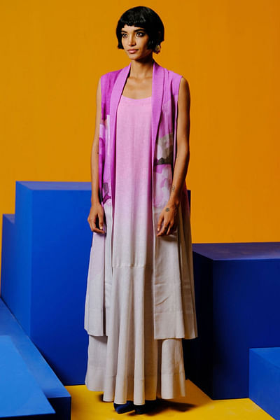 Beetroot and grey painterly print jacket dress