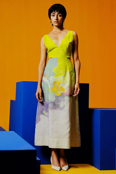 Neon blue and green painterly printed dress