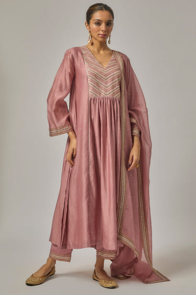 Onion pink hand embroidery kurta set