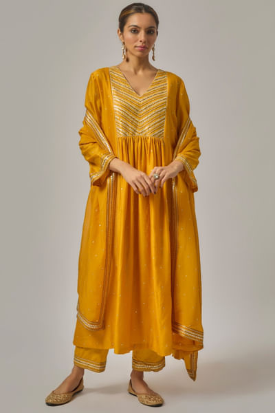 Turmeric yellow hand embroidered kurta set