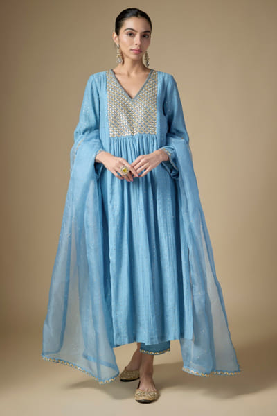 Pacific blue gota jaal embroidered kurta set