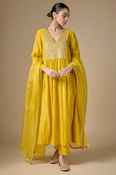 Citrine yellow gota jaal embroidered kurta set