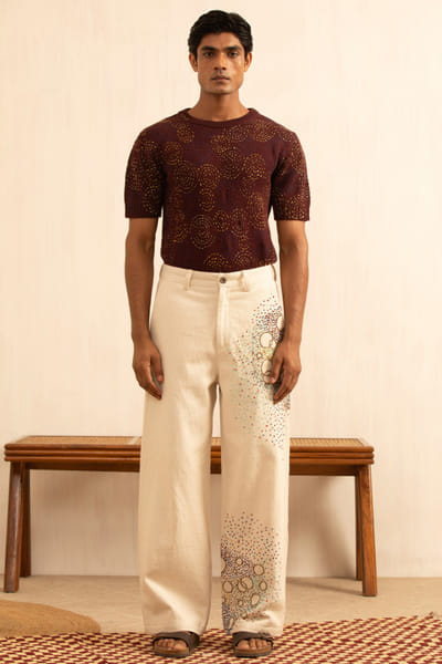 Kula White bead embroidered denim pants KULAAUG26D153284