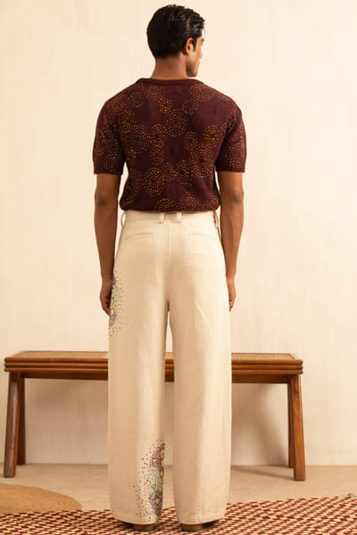 Kula White bead embroidered denim pants KULAAUG26D153284