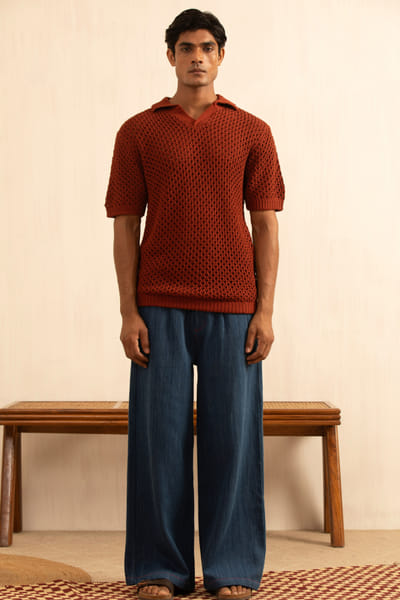 Kula Rust orange knitted polo t-shirt KULAAUG26D153274