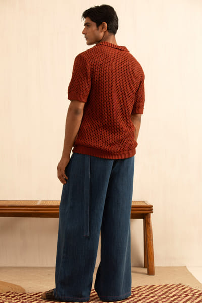 Kula Rust orange knitted polo t-shirt KULAAUG26D153274