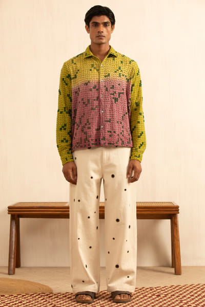 Kula Pink and green kantha embroidered shirt KULAAUG26D153276