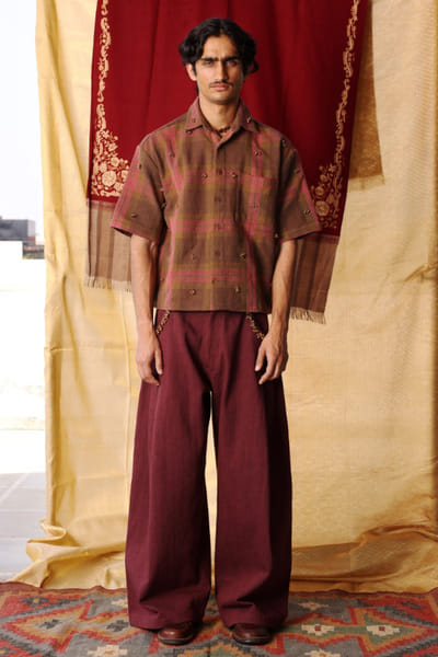 Kula Pink and brown kantha embroidered shirt KULAJUL26D149982