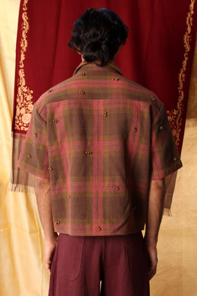 Kula Pink and brown kantha embroidered shirt KULAJUL26D149982