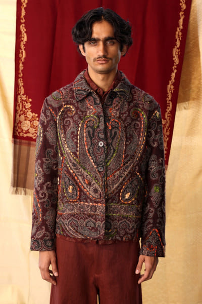 Kula Orange and brown Kashmiri wool shacket KULAJUL26D149996