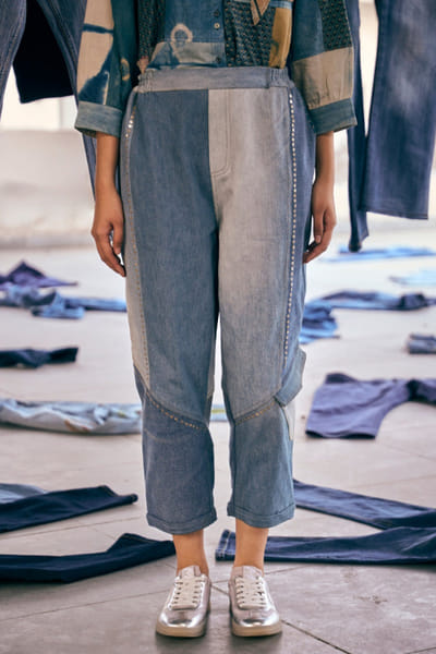 Meld studio Denim blue upcycled patchwork trousers MELDAUG26D151865