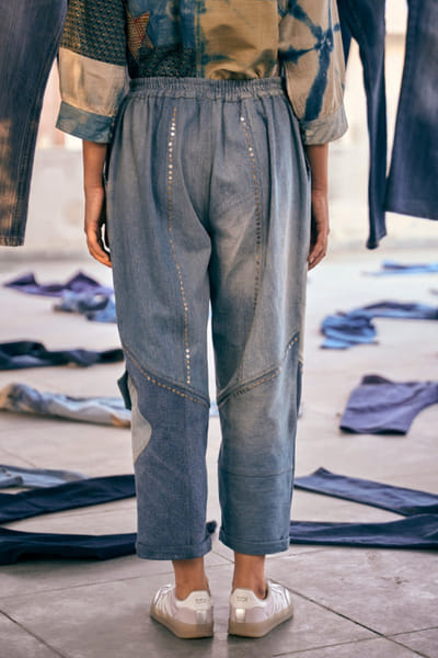 Meld studio Denim blue upcycled patchwork trousers MELDAUG26D151865