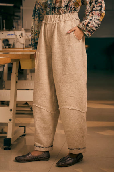 Meld studio Antique white upcycled handwoven trousers MELDAUG26D151868