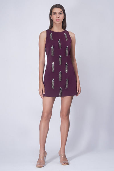 Wine crystal tassel short dress