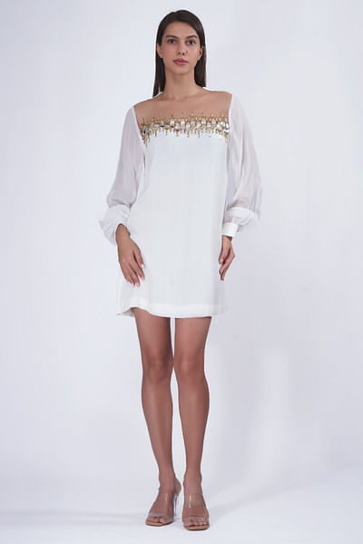 White crystal embellished short dress