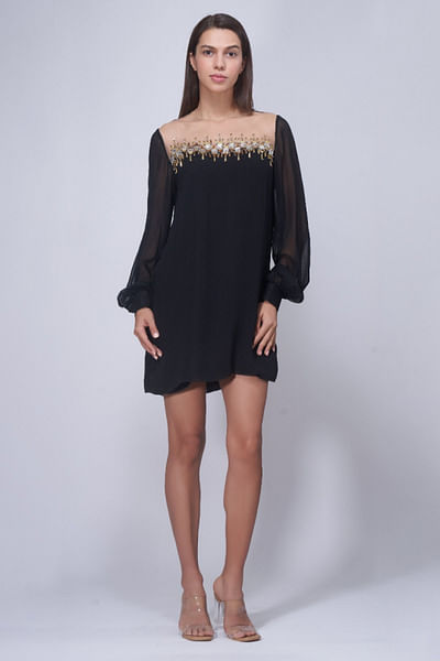 Black crystal embellished short dress