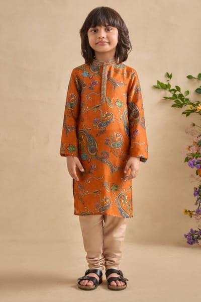 Orange floral print kurta set