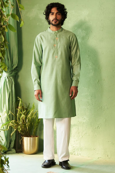 Tea green palm tree embroidery kurta set