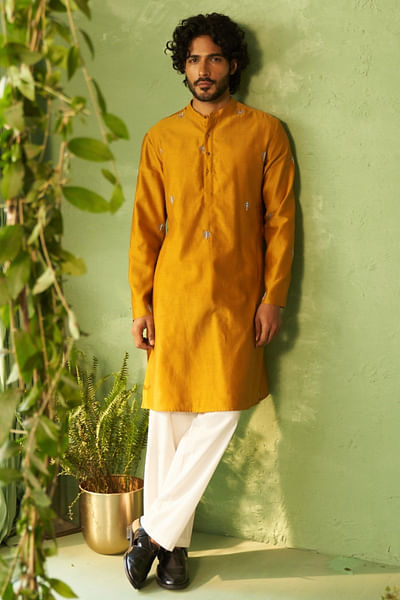 Mustard palm tree embroidery kurta set