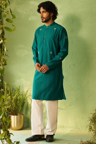 Peacock green palm tree embroidery kurta set