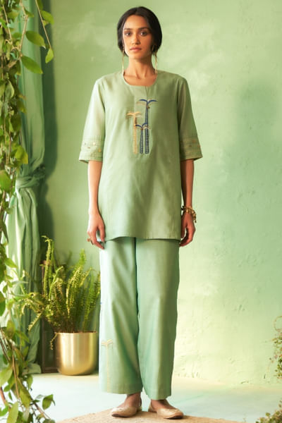 Tea green palm tree embroidered co-ords