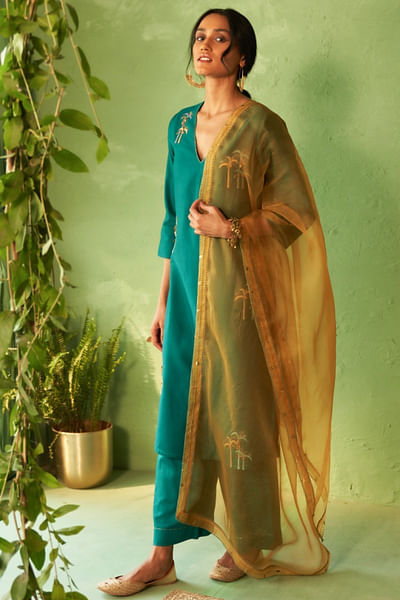 Peacock green embroidered kurta set