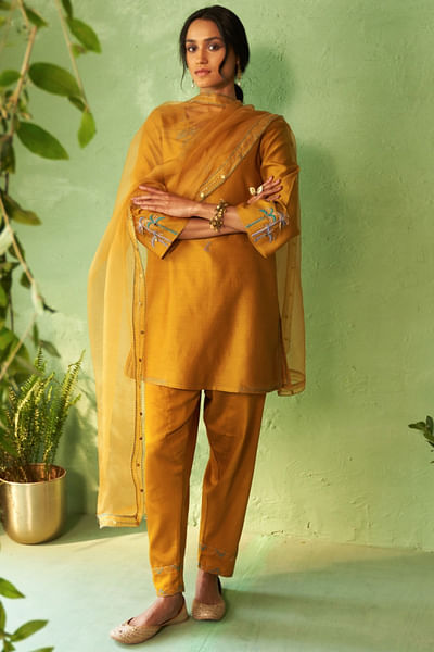 Mustard palm tree embroidered kurta set