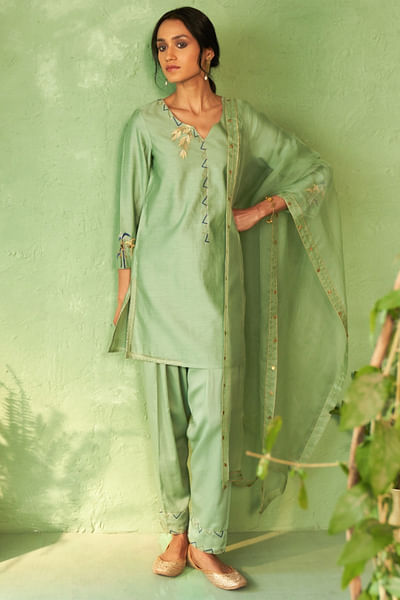 Tea green palm tree embroidered kurta set