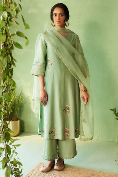 Tea green embroidered kurta set