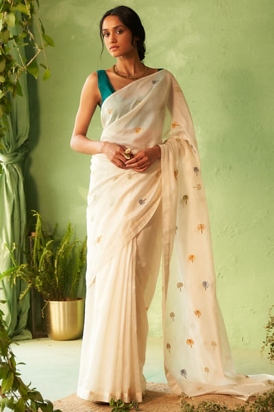 Off-white embroidered sari set
