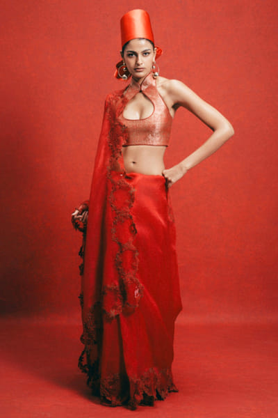 Ekaya Red embroidered kora banarasi sari EKAJAN26D137345